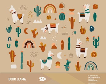 Boho llama clipart, cactus clip art, alpaca clipart, animals draw, shapes vector printable, aztec peru indy illustration, commercial use.