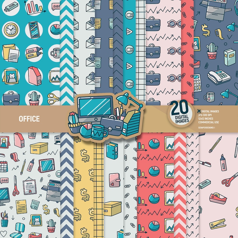 Office Digital Paper. Work Stationery Scrapbooking Pages. Desktop ...
