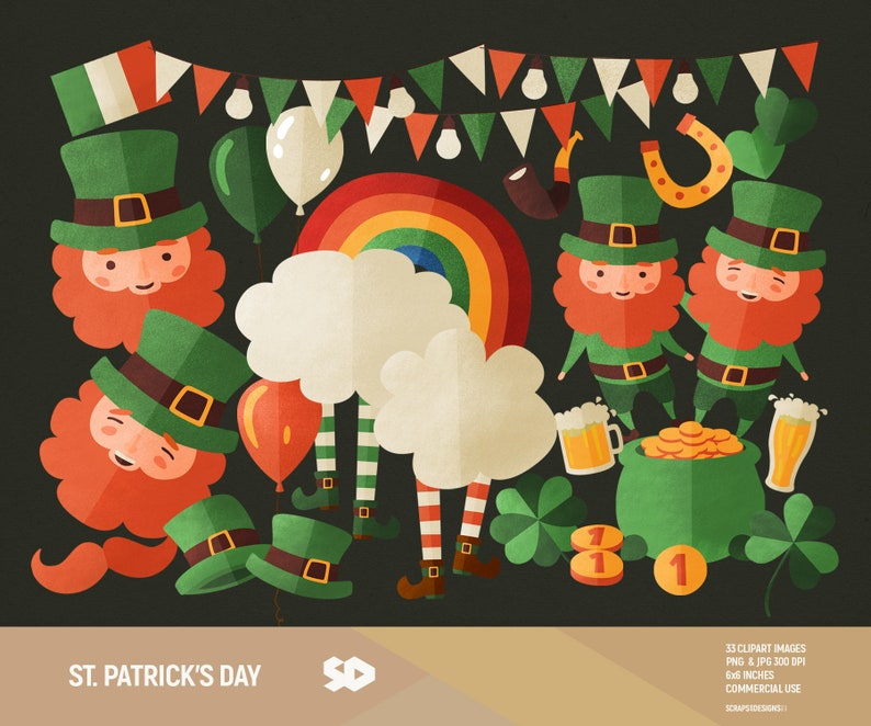 May include: A set of 33 St. Patrick's Day clipart images featuring leprechauns, rainbows, shamrocks, gold coins, and other festive elements. The images are in PNG and JPG format, 300 DPI, and 6x6 inches. Commercial use is allowed.