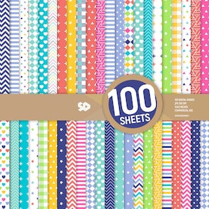 Confezione di carta digitale Essential Bright Colors. 100 fogli. Pagine di scrapbooking con motivi. Fogli di bundle di sfondi divertenti stampabili. Uso commerciale.