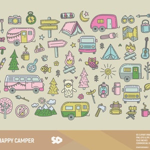 Imágenes prediseñadas de campista feliz, imágenes prediseñadas de camping, imágenes prediseñadas de viajes, imágenes prediseñadas de fogata, imágenes vectoriales imprimibles, ilustración de furgoneta forestal con pasión por los viajes. Uso comercial.