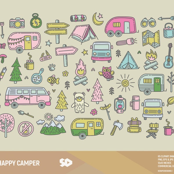 Happy camper clipart, camping clip art, travel clipart, campfire draw, vector printable, illustration forest van wanderlust. Commercial use.