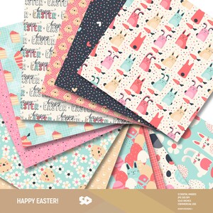 May include: Twelve digital paper designs featuring Easter themes. The designs include bunnies, eggs, polka dots, flowers, and text that says "Happy Easter!" The papers are 12x12 inches and 300 DPI.