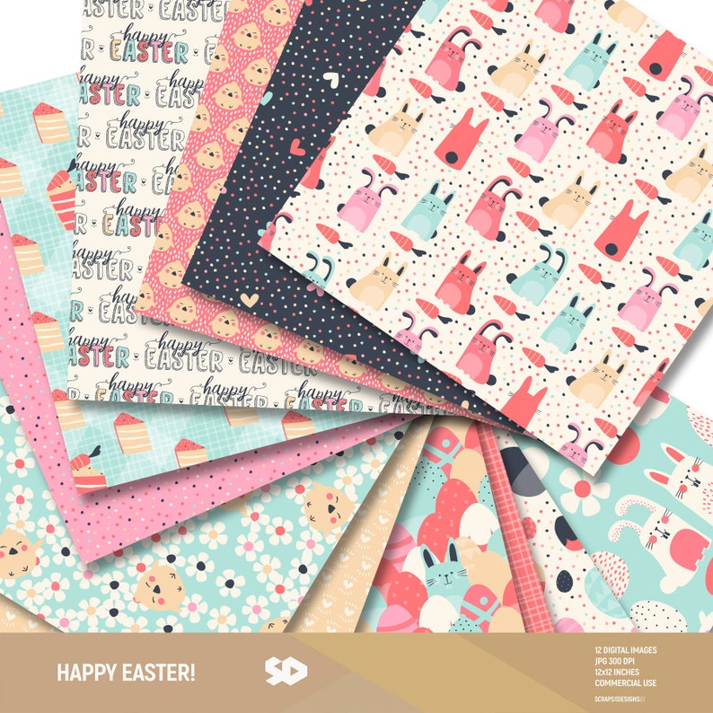 May include: Twelve digital paper designs featuring Easter themes. The designs include bunnies, eggs, polka dots, flowers, and text that says "Happy Easter!" The papers are 12x12 inches and 300 DPI.