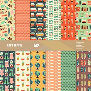Pacchetto di carta digitale da viaggio. Pagine di scrapbooking estivo, sfondo di furgone hippy, motivo di fogli di scrapbooking del globo, vacanze vintage. Uso commerciale