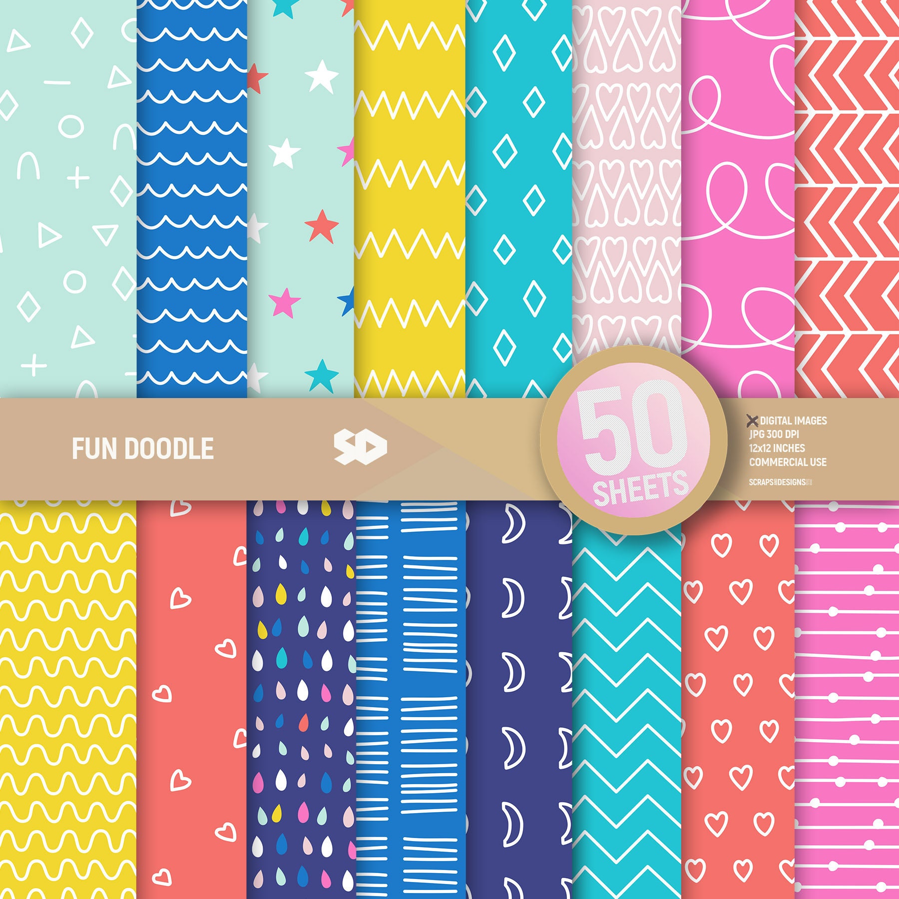50 Fun Doodle Digital Paper Pack. Patterns Scrapbooking Pages. Colorful ...