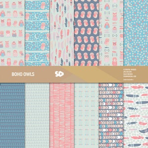 Boho Eulen Digital Papier Pack. Scrapbooking Seiten, Hintergrund, Scrapbook Blätter, Muster, Eulen, Federn, Sterne, Tribal. Schick. Kommerzielle Nutzung
