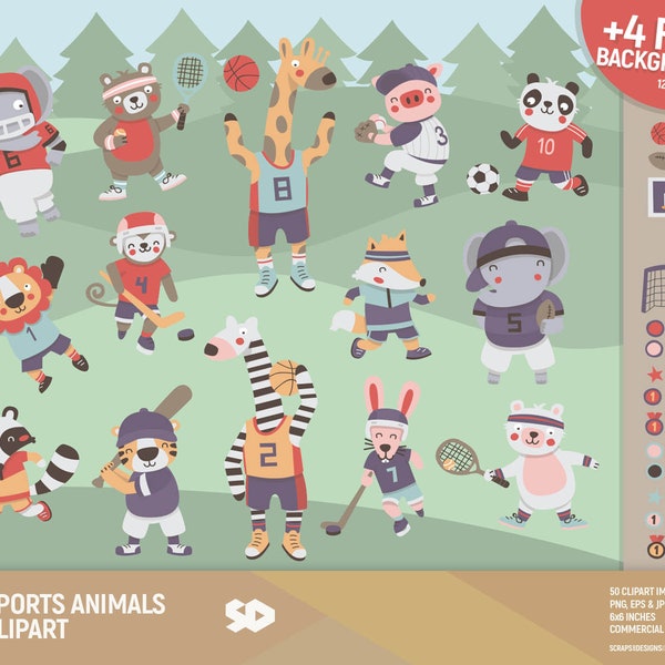 Sports animals clipart, Sport animal clip art, court background, soccer, football, basketball, tennis, baseball, hockey. Commercial use.