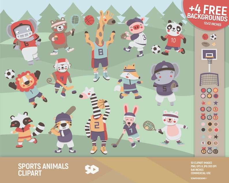 May include: A set of 50 colorful clip art images featuring animals playing sports. The animals include a giraffe, a lion, a monkey, a zebra, a fox, a panda, a pig, an elephant, a raccoon, a tiger, a bunny, and a bear. The images are perfect for creating fun and engaging projects for kids.