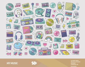 My music clipart. Retro clip art doodles. Vinyl, cassette, notes, electronics devices, boombox, 80s 90s vintage illustration. Commercial use