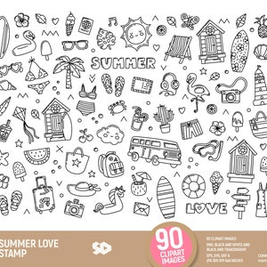 Pacchetto clipart amore estivo, clip art vacanze viaggio, illustrazione timbro digitale vettoriale spiaggia tropicale. Png Jpeg SVG DXF EPS. Uso commerciale