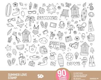 Summer love clipart bundle, travel holidays clip art, tropical beach vector digital stamp illustration. Png Jpeg SVG DXF EPS. Commercial use