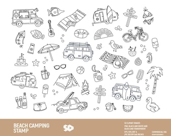 Beach camping clipart bundle, travel holidays clip art digital stamp, surf draw Van camper illustration, Png Jpeg SVG DXF EPS Commercial use