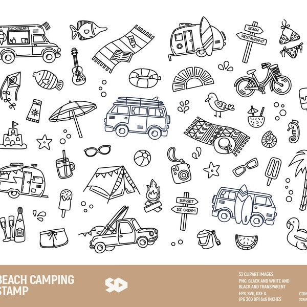 Beach camping clipart bundle, travel holidays clip art digital stamp, surf draw Van camper illustration, Png Jpeg SVG DXF EPS Commercial use