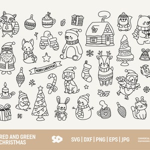 Rode en groene kerstclipartbundel, dierenkrabbel, kersttrekking, bos vectorillustraties. SVG dxf PNG eps JPG, gesneden bestand Cricut silhouet