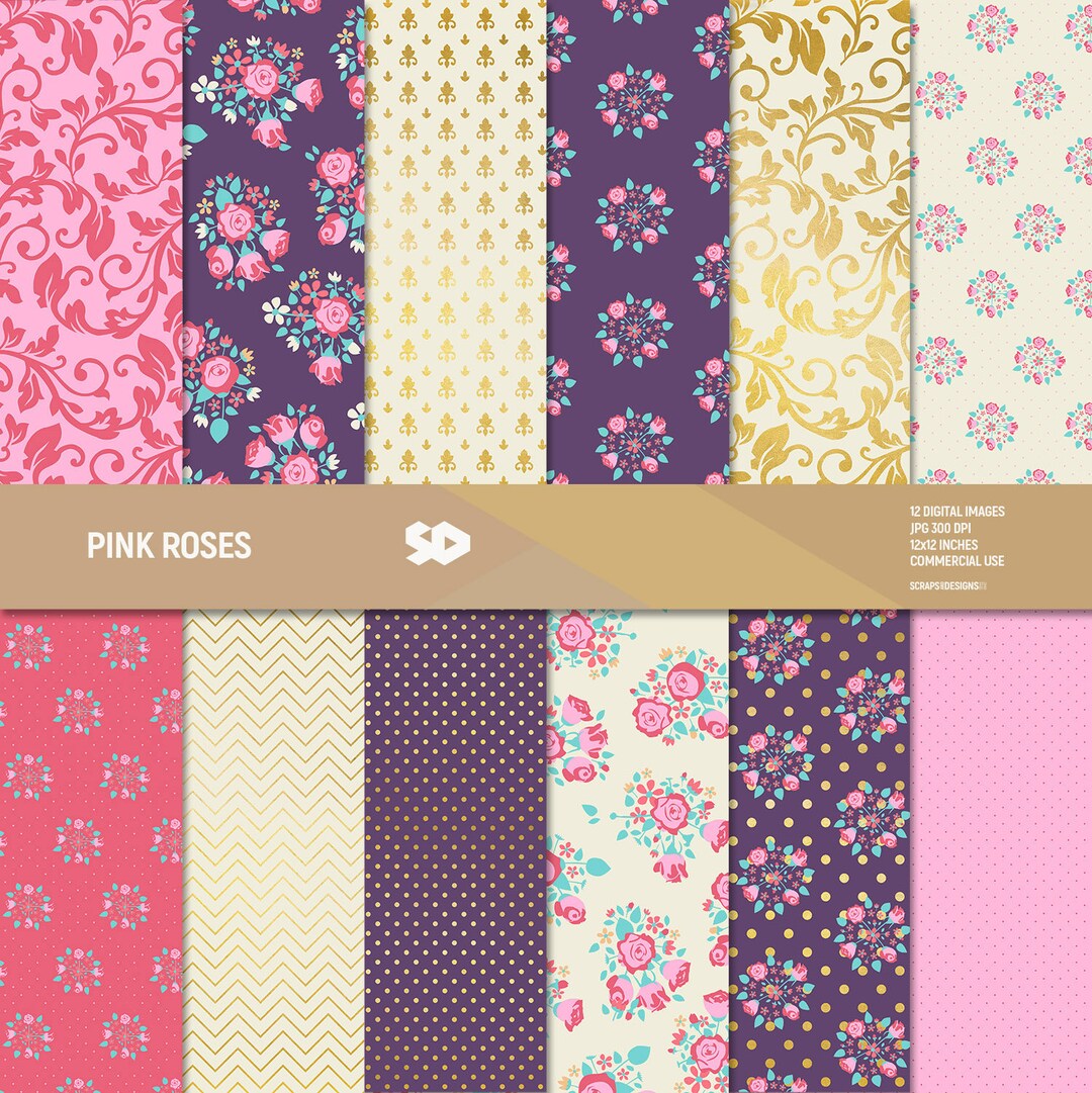 Pink Roses Digital Paper Pack, Flowers Scrapbook Pages, Floral Patterns ...