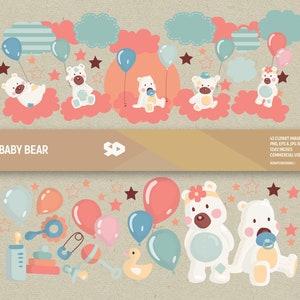 May include: A digital illustration featuring baby bears, balloons, clouds, and stars in pastel colors. The phrase "BABY BEAR" is displayed. Includes various baby-themed elements such as a bottle, rattle, and pacifier. The image is 12x12 inches.