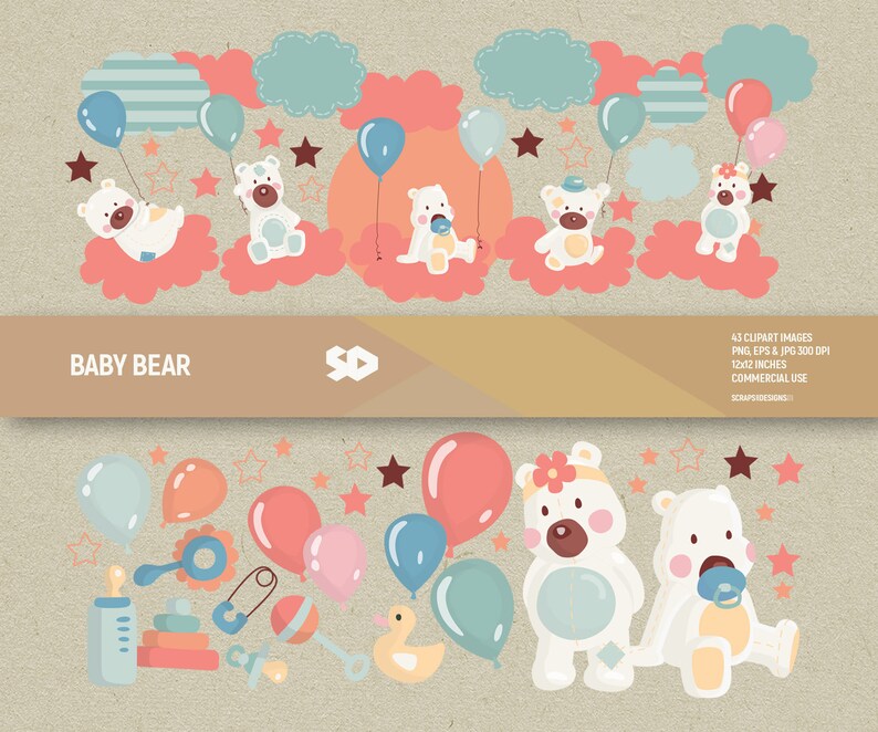 May include: A digital illustration featuring baby bears, balloons, clouds, and stars in pastel colors. The phrase "BABY BEAR" is displayed. Includes various baby-themed elements such as a bottle, rattle, and pacifier. The image is 12x12 inches.