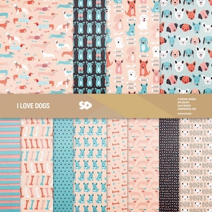 Paquete de papel digital para perros, páginas de álbumes de recortes de perros, patrones, cachorros, mascotas, animales, teckel, fondo vintage, descarga instantánea, uso comercial