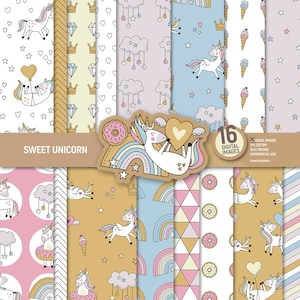 Pack de papier numérique douce licorne, pages de scrapbooking arc-en-ciel, diamant, crème glacée, étoiles, beignets, motifs de fond coeurs. Utilisation commerciale.