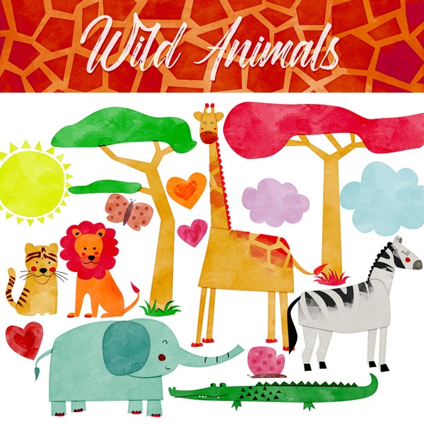 Wild Animals digital clipart. Watercolour clip art. African Clipart. Jungle, giraffe, lion, tiger, zebra, Vector Graphics. Commercial use