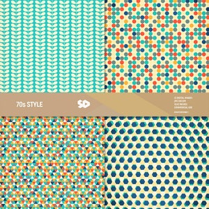 May include: Four seamless patterns in a 70s style with geometric shapes in shades of blue, green, yellow, orange, and red. The patterns are arranged in a grid with a brown banner at the top that reads "70s STYLE" and "12 DIGITAL IMAGES".