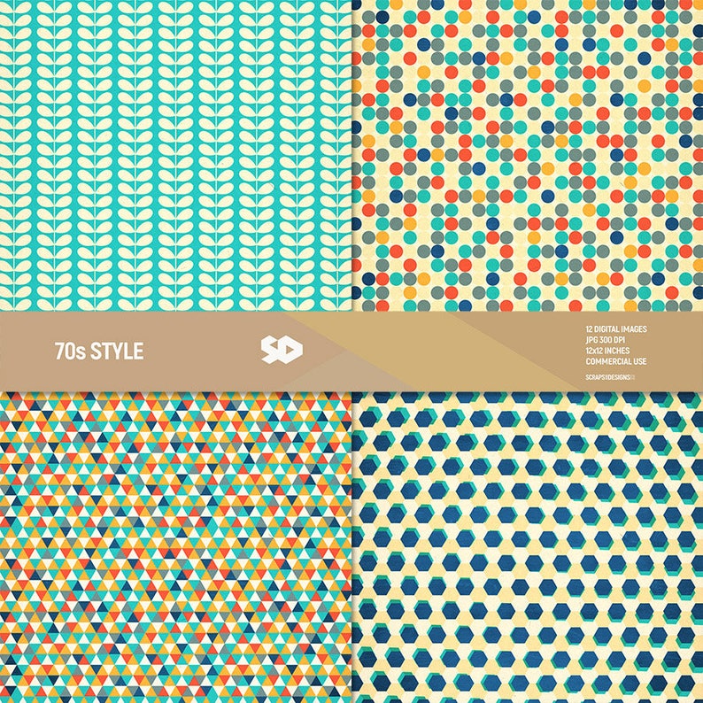 May include: Four seamless patterns in a 70s style with geometric shapes in shades of blue, green, yellow, orange, and red. The patterns are arranged in a grid with a brown banner at the top that reads "70s STYLE" and "12 DIGITAL IMAGES".