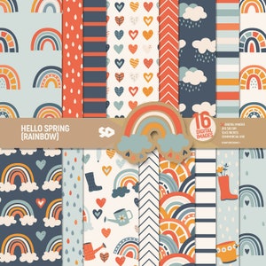 Hello Spring (regenbogen) digitales Papier, Wolken Scrapbook Seiten, Regenschirm, Regenstiefel, Tropfen Herz boho Hintergrund, Gießkanne, kommerzielle Nutzung