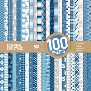 May include: A selection of 100 digital Christmas-themed paper sheets. The papers display diverse patterns in blue, grey, and white, including snowflakes, trees, and geometric designs. The text "Essential Christmas" and "100 Sheets" are visible.