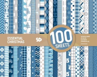 Essential Christmas Blue – 100 Digital Papers | Patterns Background Scrapbook Pack