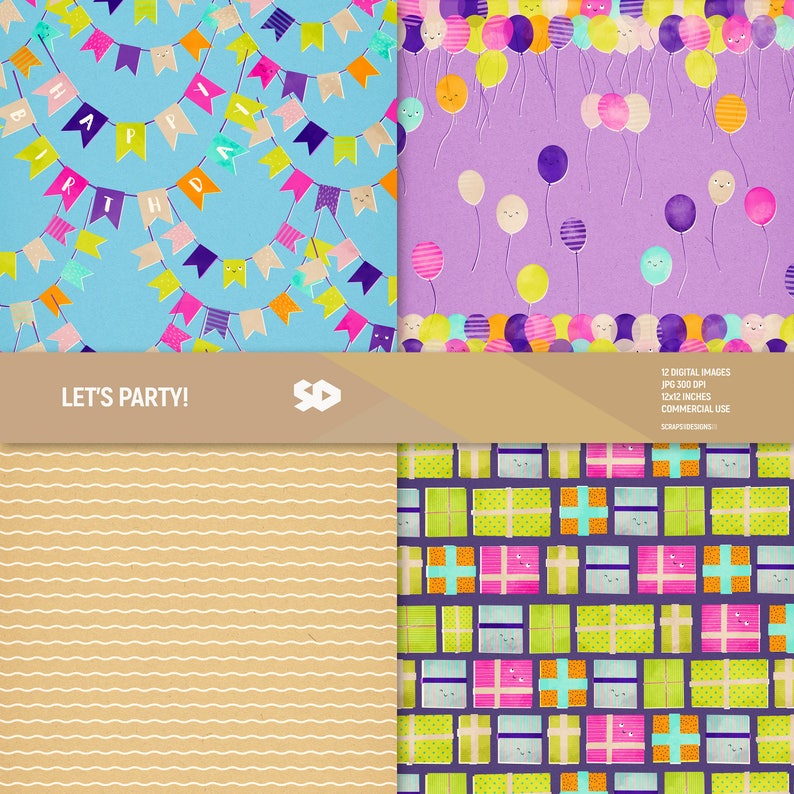 Birthday Party Digital Paper Pack Anniversary Scrapbook Etsy