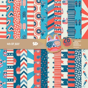 Pack de papier numérique du 4 juillet, motifs de la fête de l'indépendance, fond du drapeau des États-Unis, pages étoiles et rayures, rouge, blanc et bleu. Utilisation commerciale.