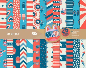 Paquete de papel digital con motivo del 4 de julio, patrones del Día de la Independencia, fondo con la bandera de EE. UU., páginas con estrellas y rayas, rojo, blanco y azul. Uso comercial.