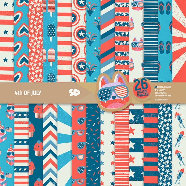4th of July digital paper pack, independence day patterns, USA flag background, stars and stripes pages, red white and blue. Commercial use.
