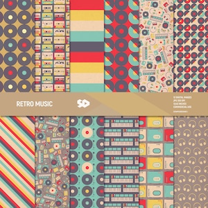 Paquete de papel digital de música retro, páginas de scrapbooking de mediados de siglo, patrones de scrapbooking, vinilo, casete, fondo vintage. Uso comercial.