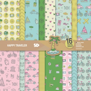 Paquete de papel digital Happy Traveler, páginas de álbum de recortes de vacaciones, patrones de viaje, descarga instantánea de vacaciones de verano, transportes. Uso comercial.