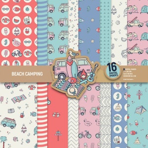 Paquete de papel digital para acampar en la playa, páginas para álbumes de recortes de surf, patrones de viaje, fogata en carpa, autocaravana, fondo de verano. Uso comercial.