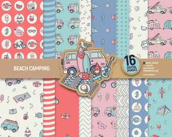 Beach camping digital paper pack, surf scrapbook pages, travel patterns, tent campfire, van camper, summer background. Commercial use.