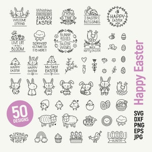 Frohe Ostern, Frühlings Designs, Kaninchen Bundle, Häschen Schafe Küken Blumen Clipart für Kinder. SVG dxf PNG eps JPG, Schnittdatei, Cricut Silhouette.