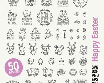 Happy Easter, Spring Designs, Rabbit Bundle, Bunny Chicks Sheep Flowers Clipart for kids. SVG dxf PNG eps JPG, Cut file, Cricut Silhouette.