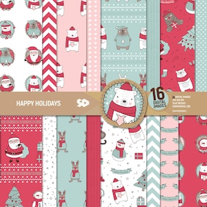 Papel digital con texto "Happy Holidays", páginas para álbumes de recortes navideños, patrón de Papá Noel, fondo de conejo y oso de invierno, garabato de animales navideños. Uso comercial.