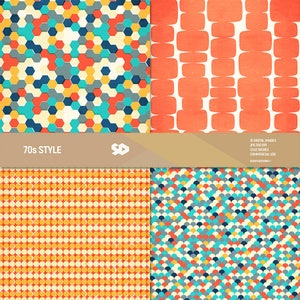 May include: Four digital paper patterns in a 70s style. The patterns feature geometric shapes in shades of orange, yellow, blue, green, and gray. The patterns are 12x12 inches and 300 DPI.