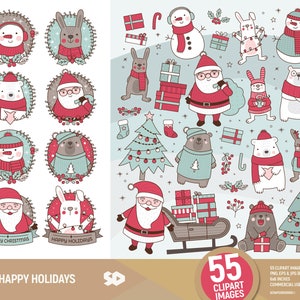 Happy holidays clipart, Santa clip art, Christmas clipart, christmas draw, doodle, rabbit bear vector, animal illustration. Commercial use.