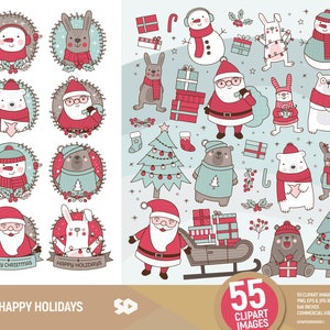 Prettige feestdagen clipart, kerstman illustraties, kerst clipart, kerst gelijkspel, doodle, konijn beer vector, dierlijke illustratie. Commercieel gebruik.