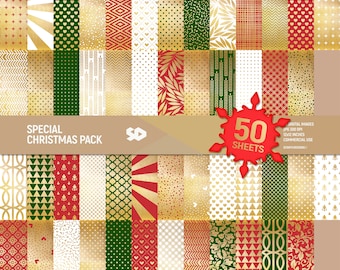 50 Christmas digital paper pack. Christmas scrapbooking pages, Xmas background, winter scrapbook sheets pattern, old gold, Commercial use