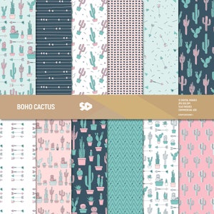 Confezione di carta digitale Boho cactus. Pagine di scrapbooking cactus, sfondo deserto, motivo di fogli di scrapbooking frecce, vaso di fiori. Uso commerciale.