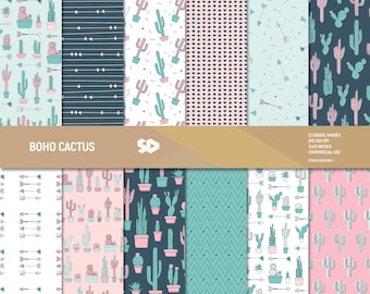 Paquete de papel digital con cactus estilo boho. Páginas para scrapbooking con cactus, fondo desértico, patrón de hojas para scrapbooking con flechas, maceta. Uso comercial.