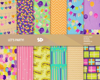 May include: A set of 12 digital paper patterns featuring various birthday themes, including confetti, balloons, candles, presents, and banners. The patterns are in a variety of colors, including pink, blue, green, yellow, and purple. The text "LET'S PARTY!" is included in the image.