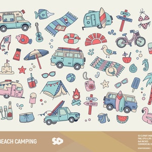Imágenes prediseñadas de camping en la playa, imágenes prediseñadas de vacaciones de viaje, dibujo de surf, tablas de surf para furgonetas y autocaravanas para imprimir en vectores, ilustración de una tienda soleada. Uso comercial.