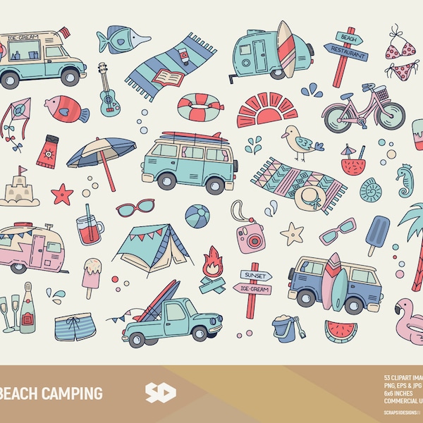 Beach camping clipart, travel holidays clip art, surf draw, van camper surfboards vector printable, sunny tent illustration. Commercial use.